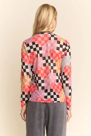 61 Jane Mesh Checkerboard Heart Long Sleeve Shirt
