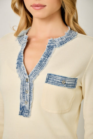 61 Jane Denim Trim Henley Top