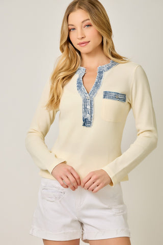 61 Jane Denim Trim Henley Top