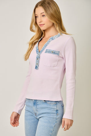 61 Jane Denim Trim Henley Top