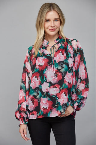 61 Jane Floral Keyhole Tie Neck Blouse
