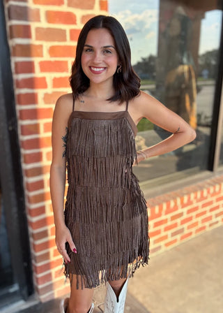 61 Jane Hotfix Fringe Faux Suede Mini Dress