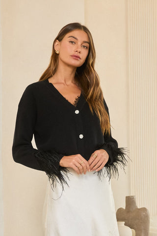 61 Jane Jewel Button Feather Trim Cardigan