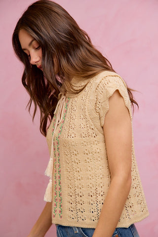 61 Jane Tassel Tie Embroidered Top