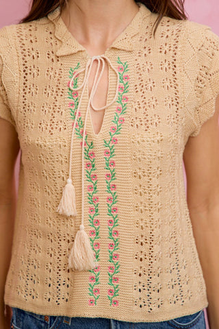 61 Jane Tassel Tie Embroidered Top