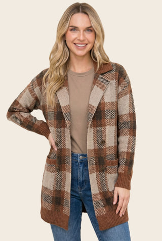 61 Jane Tailor Collar Checker Heavy Sweater Cardigan