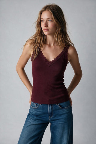61 Jane Ribbed Lace Trim V Neck Tank Top