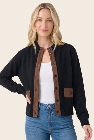 61 Jane mock Neck Suede Trim Sweater Jacket