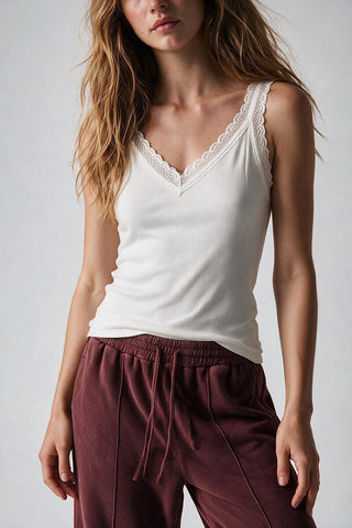 61 Jane Ribbed Lace Trim V Neck Tank Top