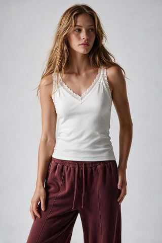 61 Jane Ribbed Lace Trim V Neck Tank Top