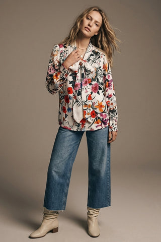61 Jane Floral Print Satiny Tie Neck Blouse