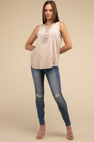 Half-Button Raw Edge Sleeveless Henley Top *Online Only* - Premium tank top at Lonnys NY - Just $37! Shop Womens clothing now 