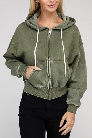 Acid Wash Fleece Cropped Zip-Up Hoodie *Online Only* - Premium sweatshirt at Lonnys NY - Just $48! Shop Womens clothing now 