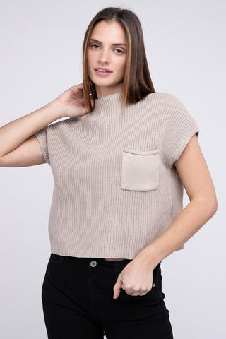 Mock Neck Short Sleeve Cropped Sweater  *Online Only* - Premium  at Lonnys NY - Just $35! Shop Womens clothing now 