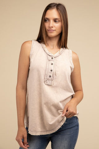 Half-Button Raw Edge Sleeveless Henley Top *Online Only* - Premium tank top at Lonnys NY - Just $37! Shop Womens clothing now 