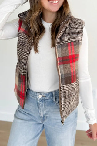 Better Days Mixed Plaid Puffer Vest