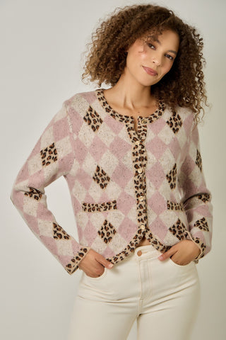 Better Days Argyle Leopard Sweater Cardigan