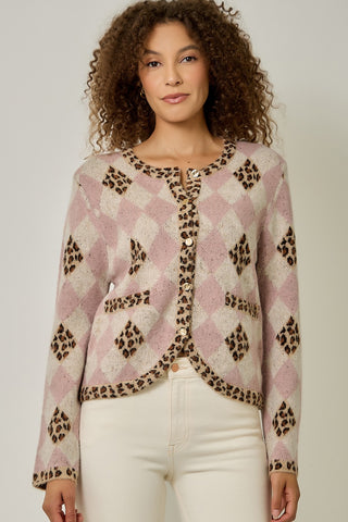 Better Days Argyle Leopard Sweater Cardigan