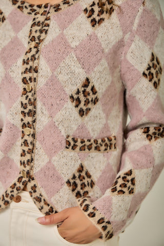 Better Days Argyle Leopard Sweater Cardigan