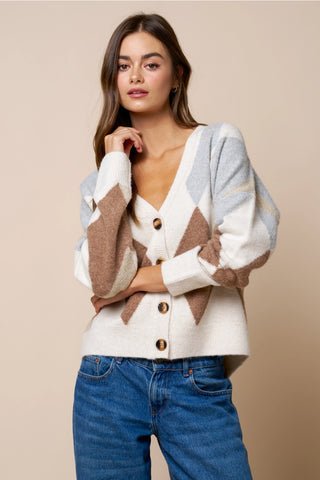 Born in March Argyle V-Neck Cardigan Sweater