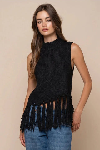 Born in March Fringe Sleeveless Mockneck Sweater Top