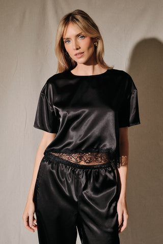 Born in March Cropped Boxy Satin Tee with Lace Trim