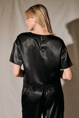 Born in March Cropped Boxy Satin Tee with Lace Trim