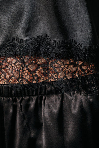 Born in March Cropped Boxy Satin Tee with Lace Trim