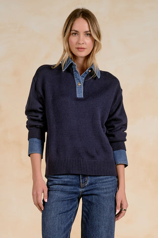 Elan Denim Contrast Polo Sweater