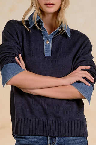 Elan Denim Contrast Polo Sweater