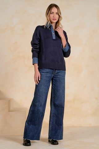 Elan Denim Contrast Polo Sweater