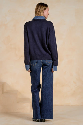Elan Denim Contrast Polo Sweater