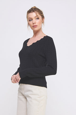 From Here to Eternity Pointelle Scalloped V Neck Sweater