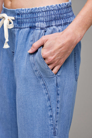 Hidden Wide Leg Denim Drawstring Pants