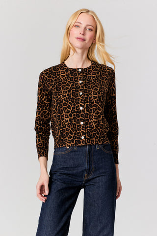 J Society Leopard Print Rhinestone Button Cardigan