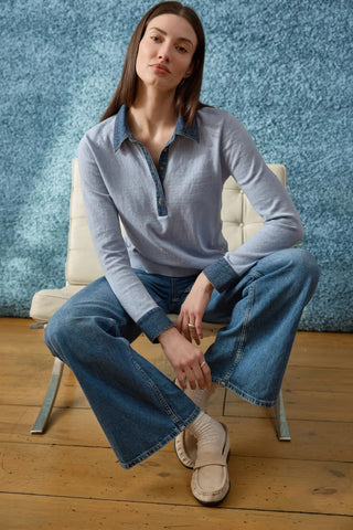 J Society Long Sleeve Denim Collar Polo Shirt