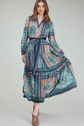 Madison Boho Printed Belted Maxi Dress