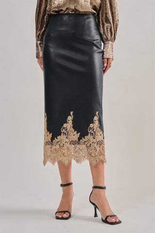 Madison Faux Leather Crochet Lace Hem Midi Skirt