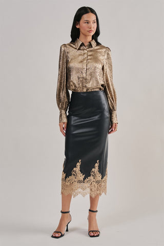 Madison Faux Leather Crochet Lace Hem Midi Skirt