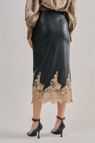 Madison Faux Leather Crochet Lace Hem Midi Skirt
