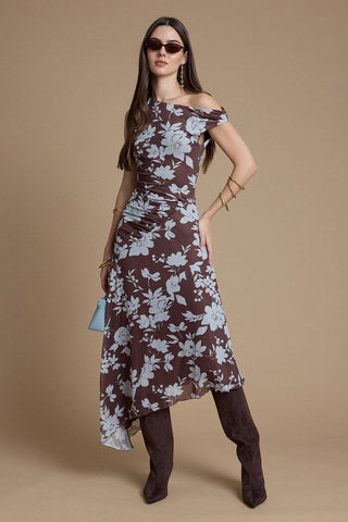 2877 One Shoulder Floral Midi Dress