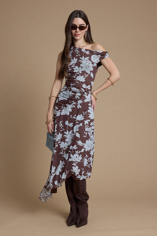 2877 One Shoulder Floral Midi Dress