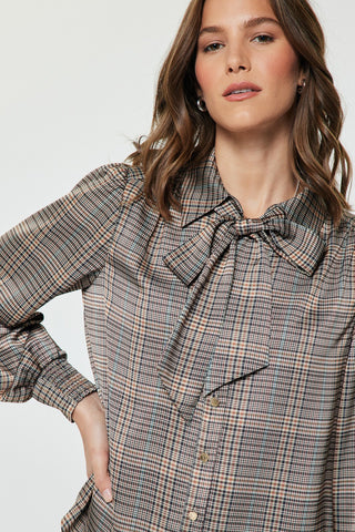 Madison Plaid Tie Neck Blouse