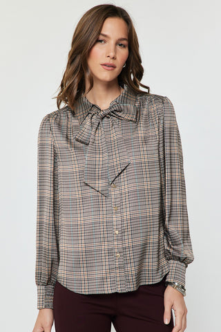 Madison Plaid Tie Neck Blouse