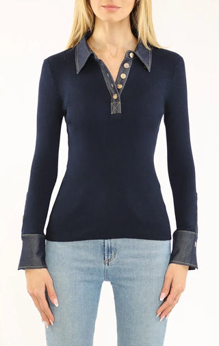 Metric Denim Accent Long Sleeve Polo Shirt