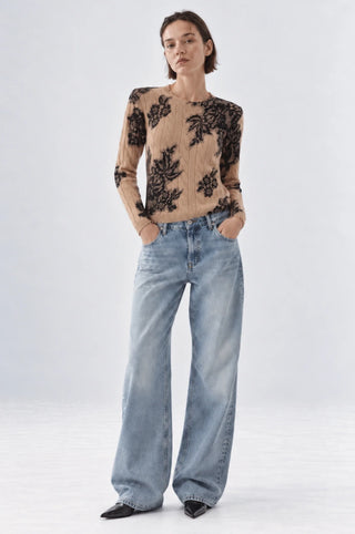 Minnie Rose Cashmere Printed Lace Cable Sweater