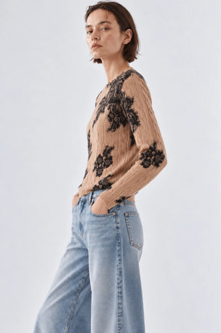 Minnie Rose Cashmere Printed Lace Cable Sweater