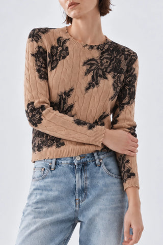 Minnie Rose Cashmere Printed Lace Cable Sweater