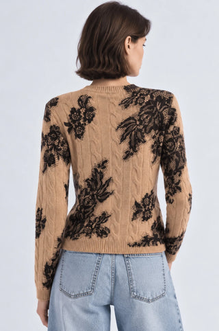 Minnie Rose Cashmere Printed Lace Cable Sweater