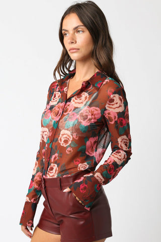 Olivaceous Deja Floral Mesh Button Down Shirt